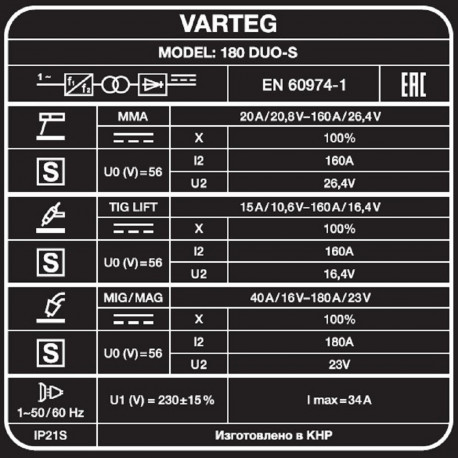 Сварочный полуавтомат VARTEG 180 DUO-S-6